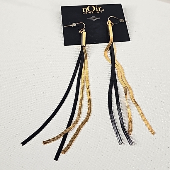 Noir Gold & Black Fringe Dangling Drop Earrings - Picture 6 of 11